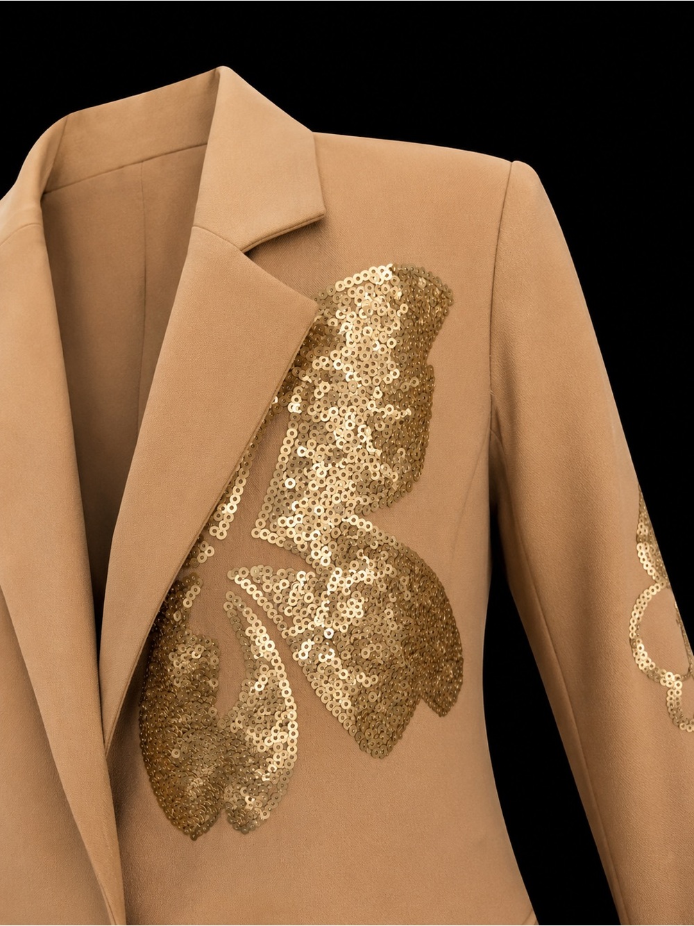 NVLT Tan & Gold Floral Statement Blazer – Elegant Luxury Look | Size Small
